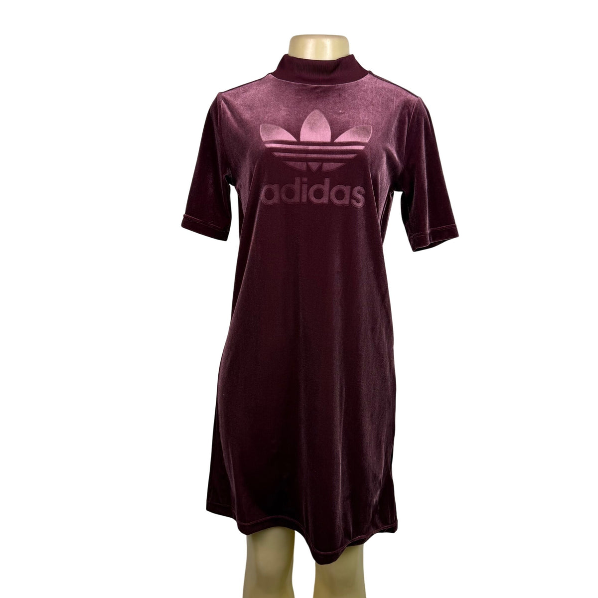 Adidas Womens Burgundy Velvet T-Shirt Dress High Neck Embossed Logo Casual Sz XS