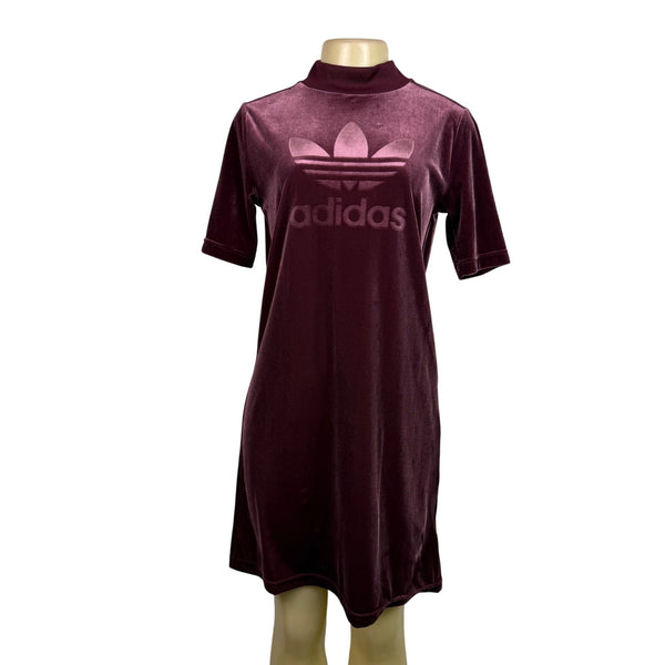 Adidas Womens Burgundy Velvet T-Shirt Dress High Neck Embossed Logo Casual Sz XS