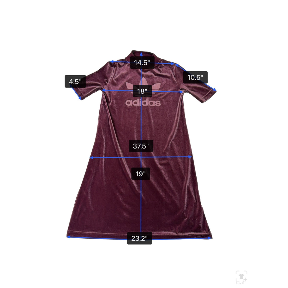 Adidas Womens Burgundy Velvet T-Shirt Dress High Neck Embossed Logo Casual Sz XS