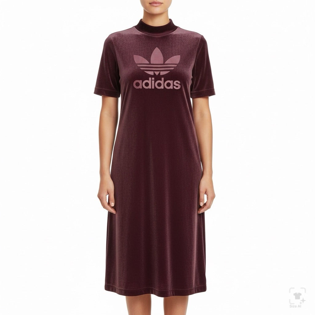 Adidas Womens Burgundy Velvet T-Shirt Dress High Neck Embossed Logo Casual Sz XS