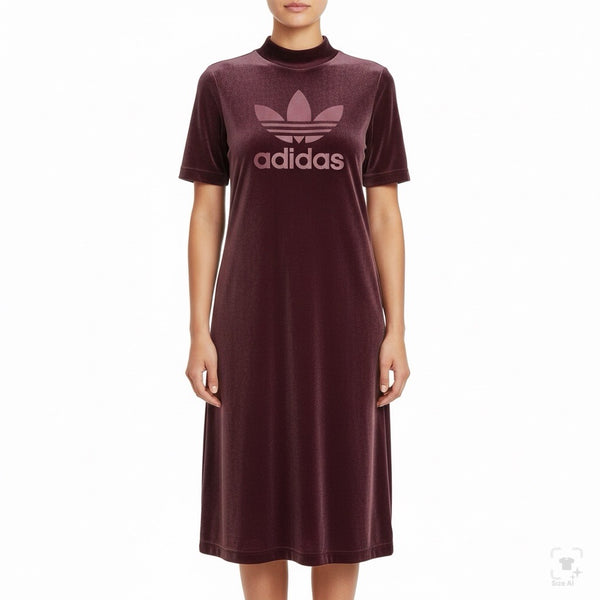 Adidas Womens Burgundy Velvet T-Shirt Dress High Neck Embossed Logo Casual Sz XS