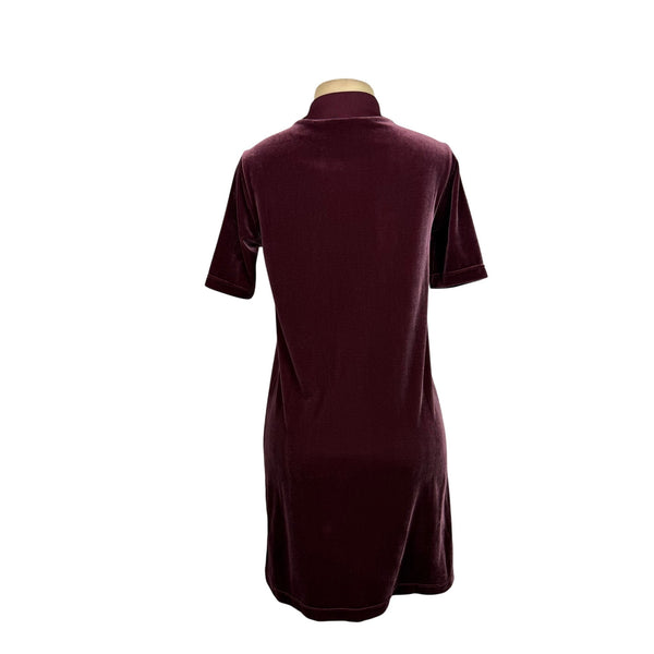 Adidas Womens Burgundy Velvet T-Shirt Dress High Neck Embossed Logo Casual Sz XS