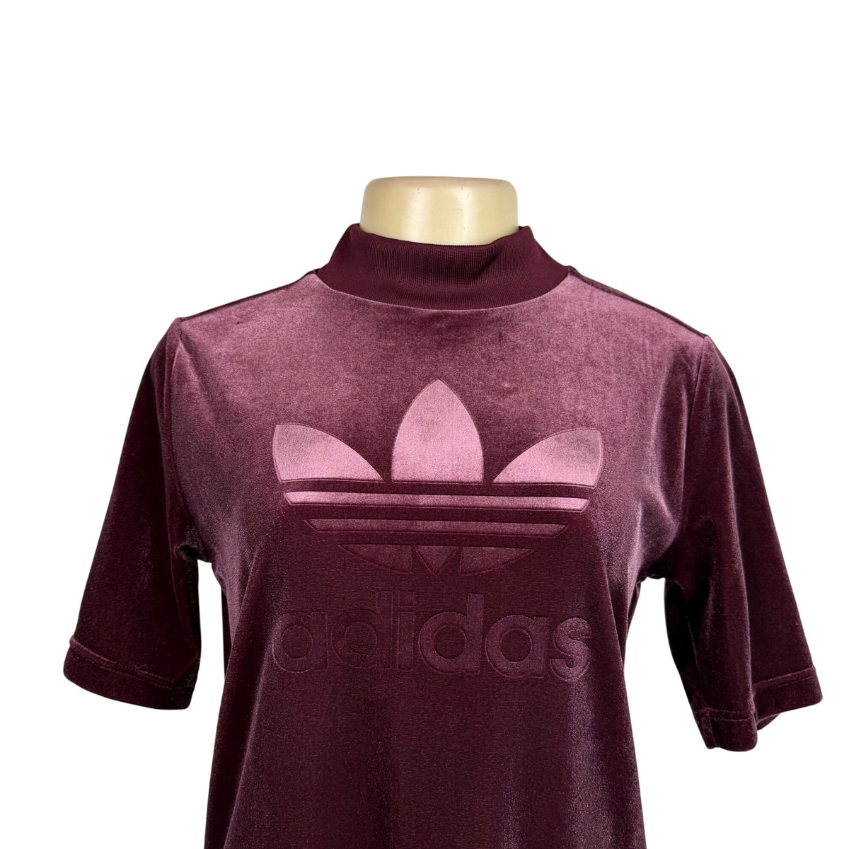 Adidas Womens Burgundy Velvet T-Shirt Dress High Neck Embossed Logo Casual Sz XS