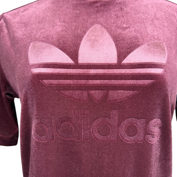 Adidas Womens Burgundy Velvet T-Shirt Dress High Neck Embossed Logo Casual Sz XS