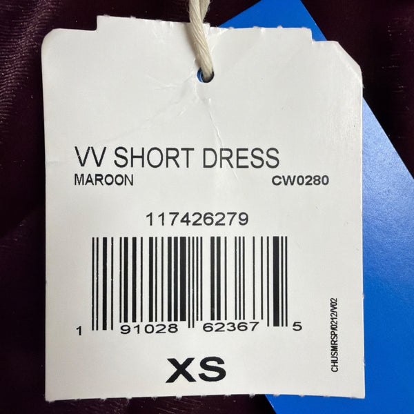 Adidas Womens Burgundy Velvet T-Shirt Dress High Neck Embossed Logo Casual Sz XS