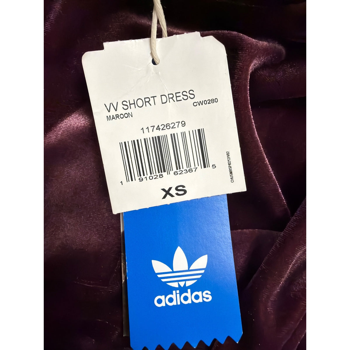 Adidas Womens Burgundy Velvet T-Shirt Dress High Neck Embossed Logo Casual Sz XS