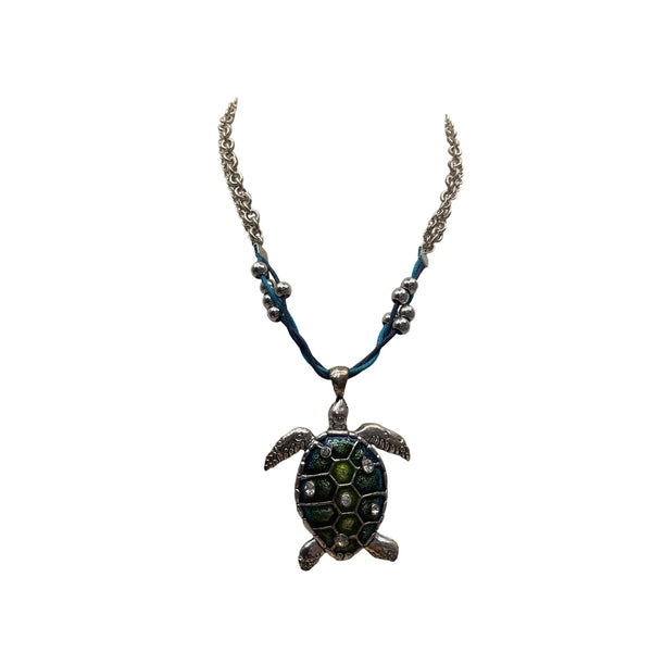 Silver & Blue Turtle Pendant Necklace With Chain & Beaded Details