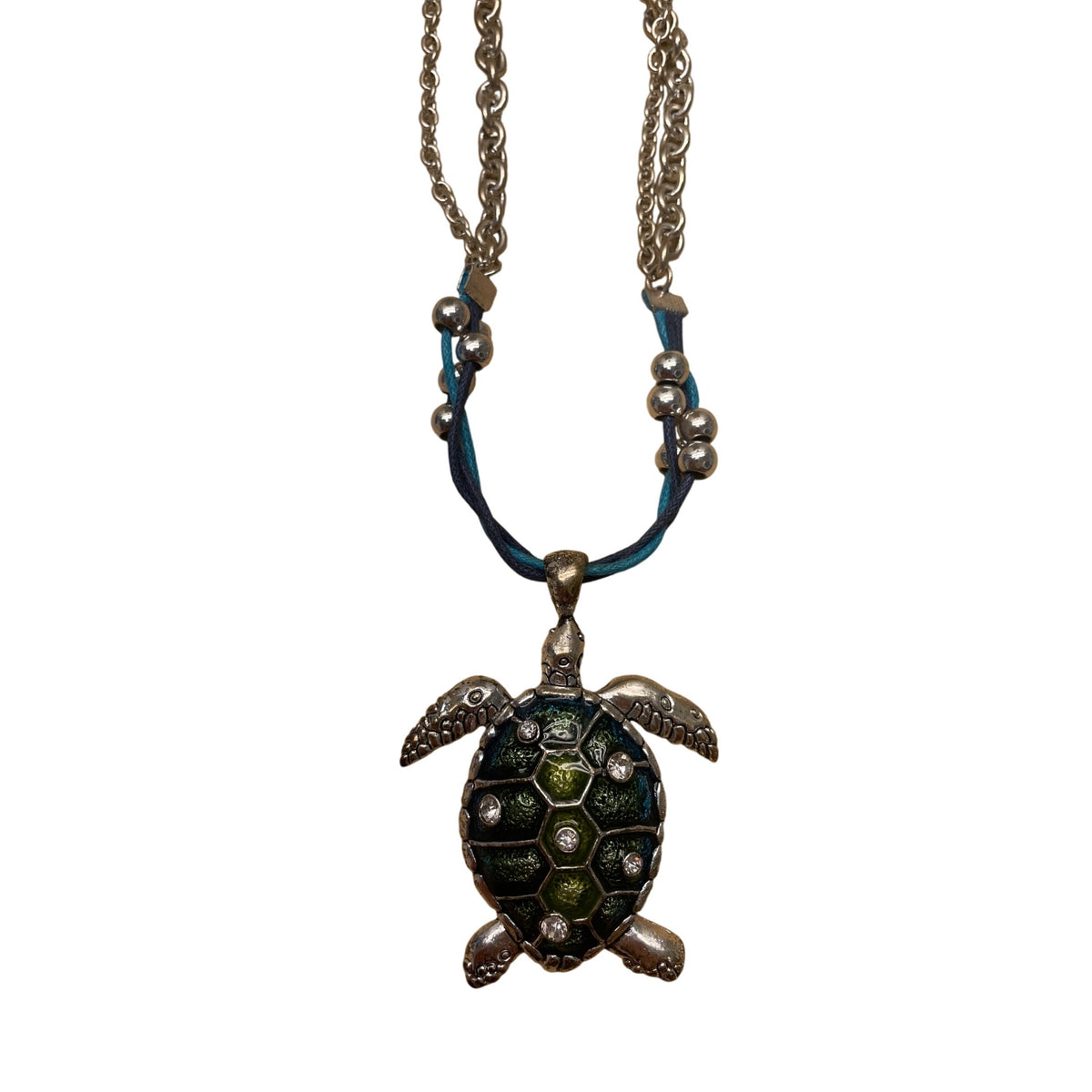 Silver & Blue Turtle Pendant Necklace With Chain & Beaded Details