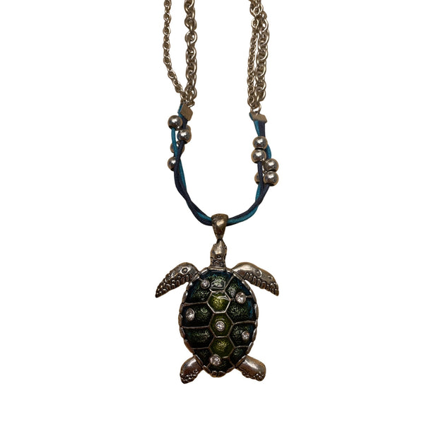 Silver & Blue Turtle Pendant Necklace With Chain & Beaded Details