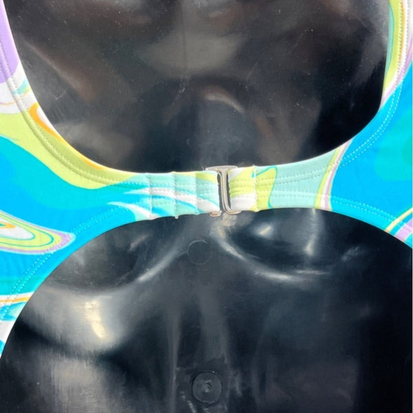 Ninety-Nine Blue Multicolor pattern Ruched Front Cutout One-Piece Swimsuit Sz L