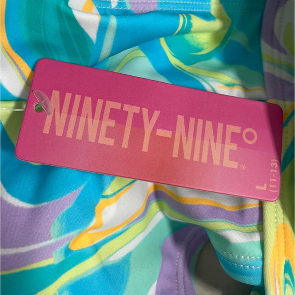 Ninety-Nine Blue Multicolor pattern Ruched Front Cutout One-Piece Swimsuit Sz L