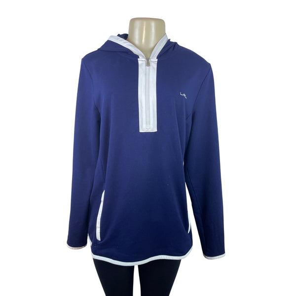 Ralph Lauren Active Navy & White Trim Hoodie Pullover Quarter-Zip Front Women XL