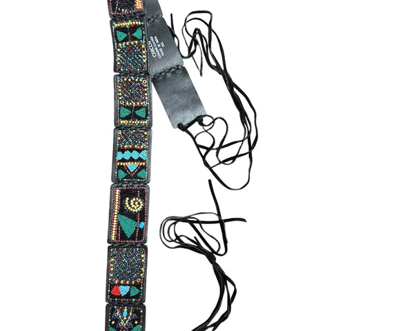 Chicos Womens Black Beaded Genuine Leather Adjustable Belt M/L Handmade India
