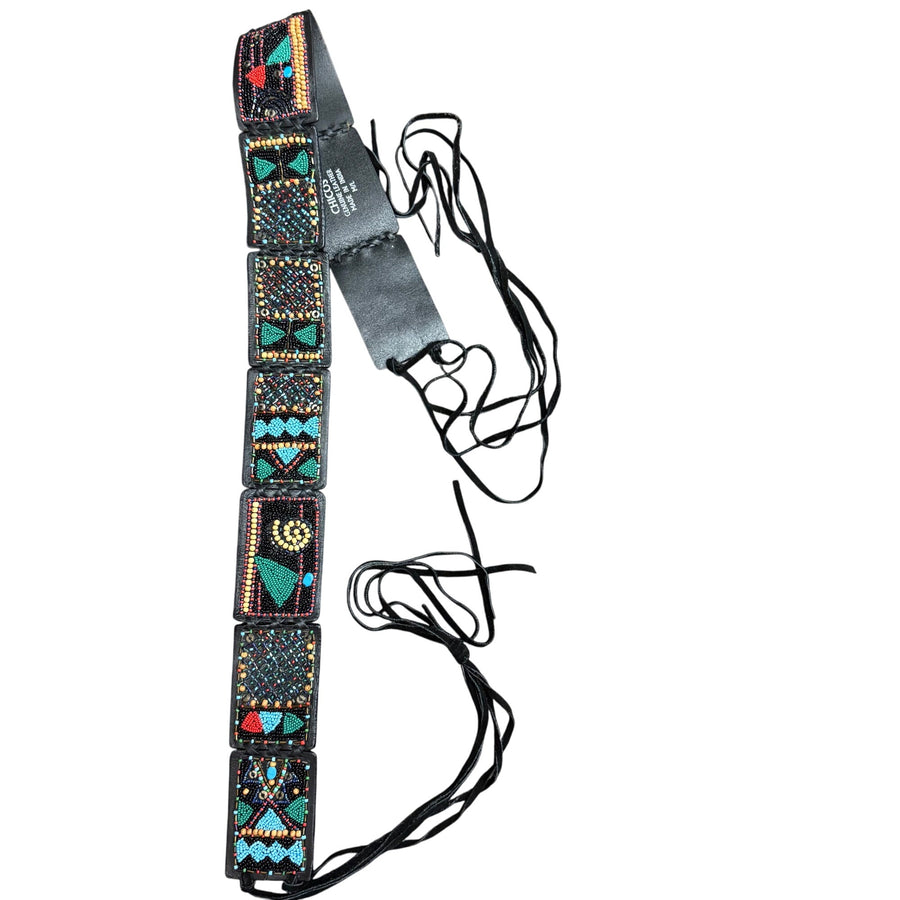 Chicos Womens Black Beaded Genuine Leather Adjustable Belt M/L Handmade India