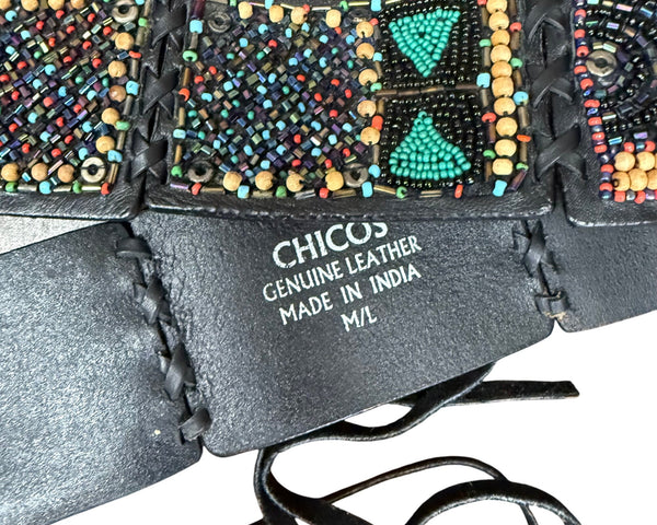 Chicos Womens Black Beaded Genuine Leather Adjustable Belt M/L Handmade India