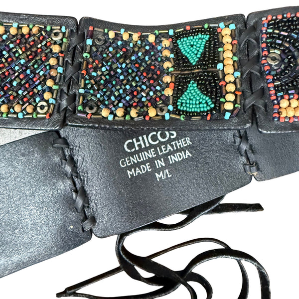 Chicos Womens Black Beaded Genuine Leather Adjustable Belt M/L Handmade India