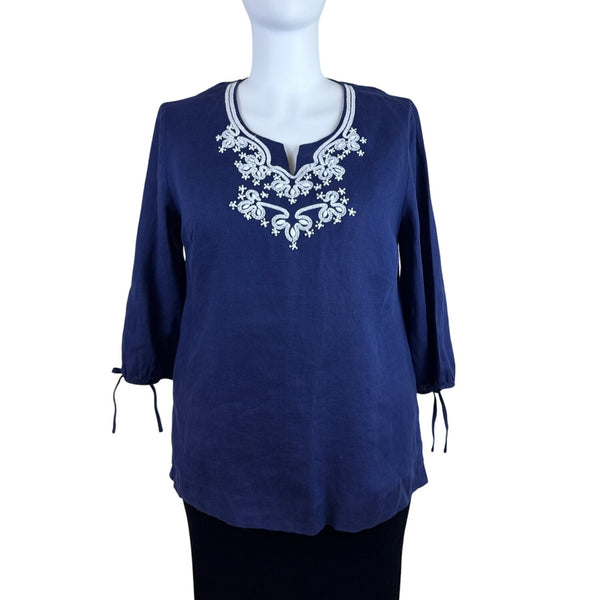 JM Collection Women’s Blue Blouse With Tied Cuffs & Embroidered Neckline Sz 18