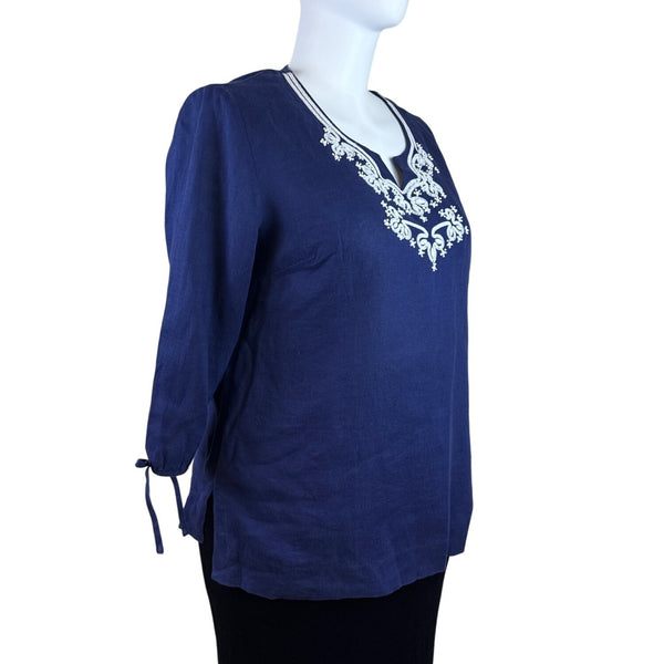 JM Collection Women’s Blue Blouse With Tied Cuffs & Embroidered Neckline Sz 18