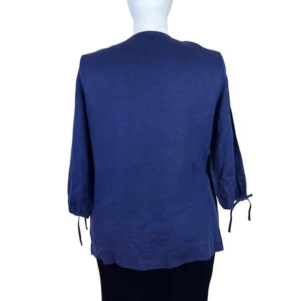 JM Collection Women’s Blue Blouse With Tied Cuffs & Embroidered Neckline Sz 18