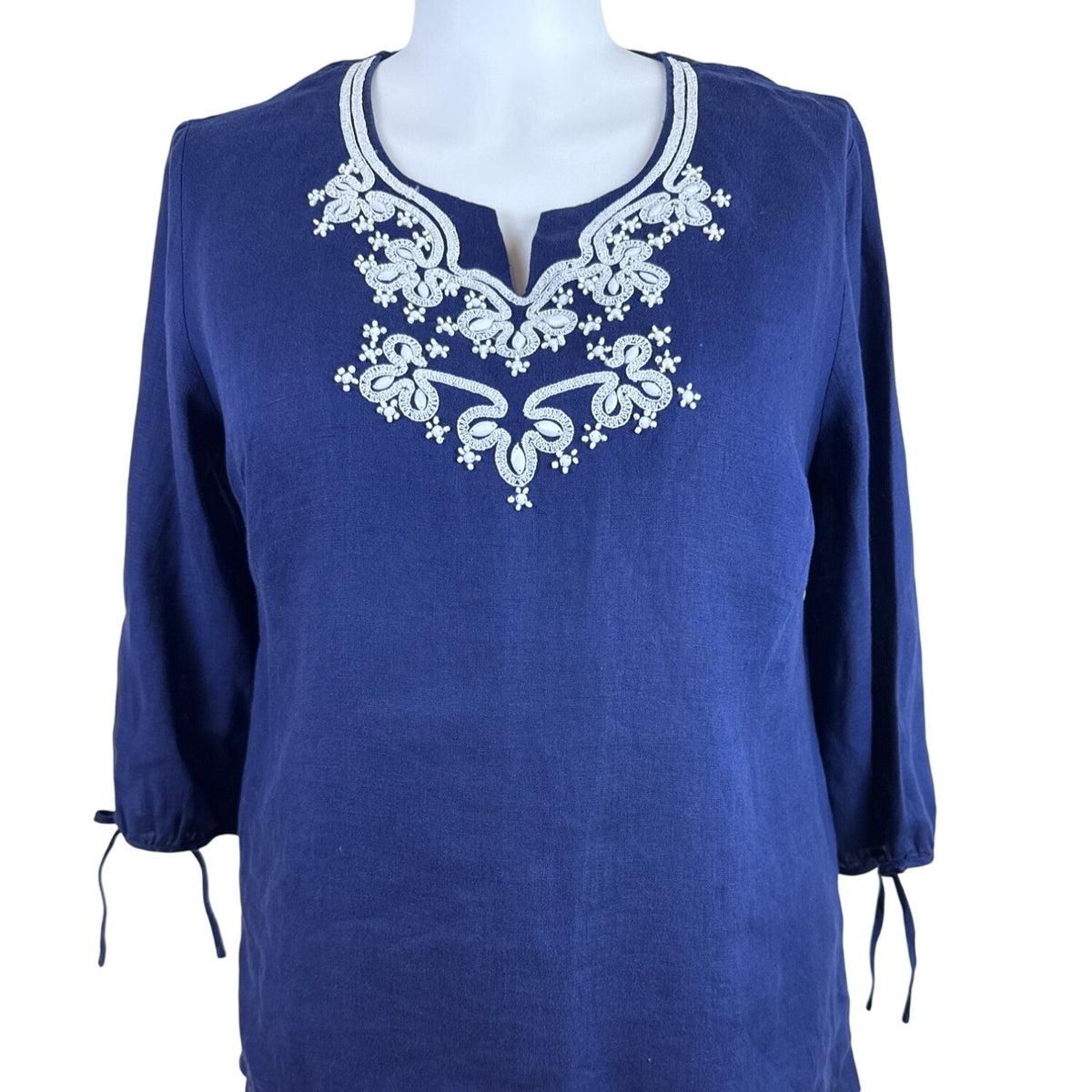JM Collection Women’s Blue Blouse With Tied Cuffs & Embroidered Neckline Sz 18