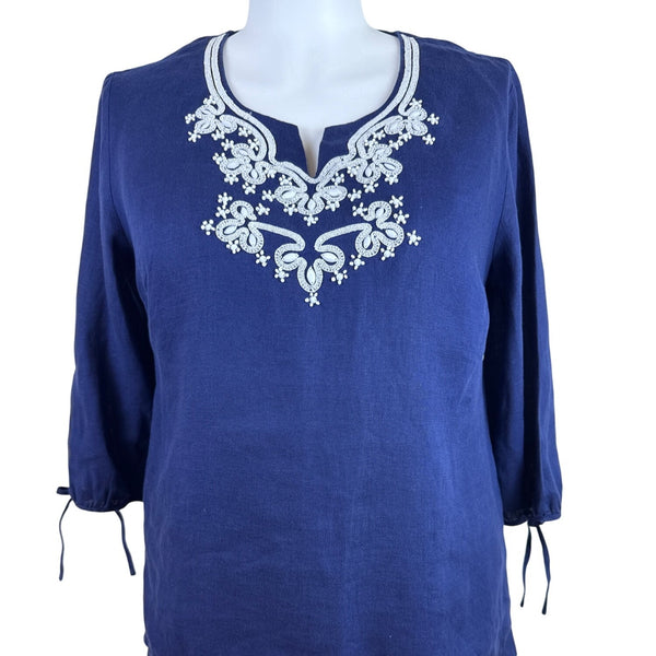 JM Collection Women’s Blue Blouse With Tied Cuffs & Embroidered Neckline Sz 18