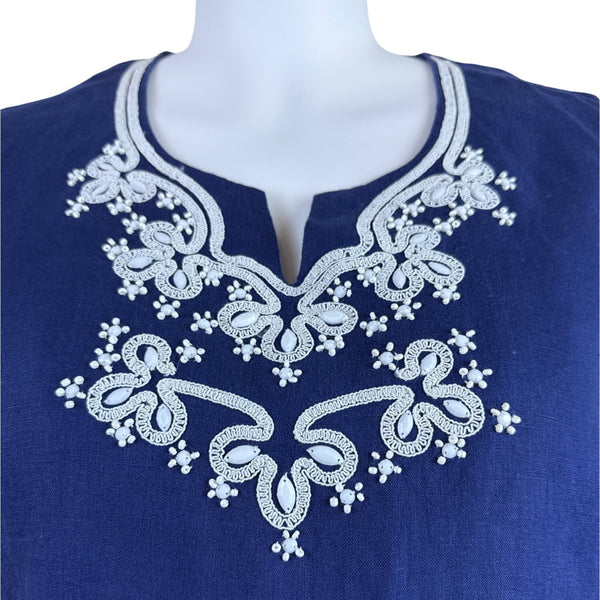 JM Collection Women’s Blue Blouse With Tied Cuffs & Embroidered Neckline Sz 18