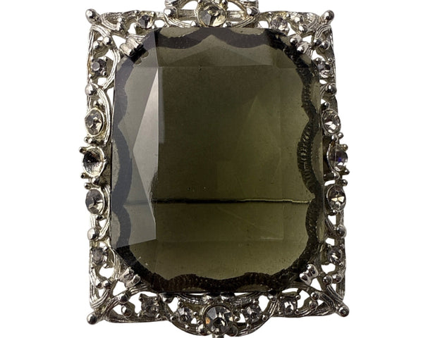 Sarah Coventry Vintage Silver Tone Smoky Rhinestone Accent Filigree Brooch
