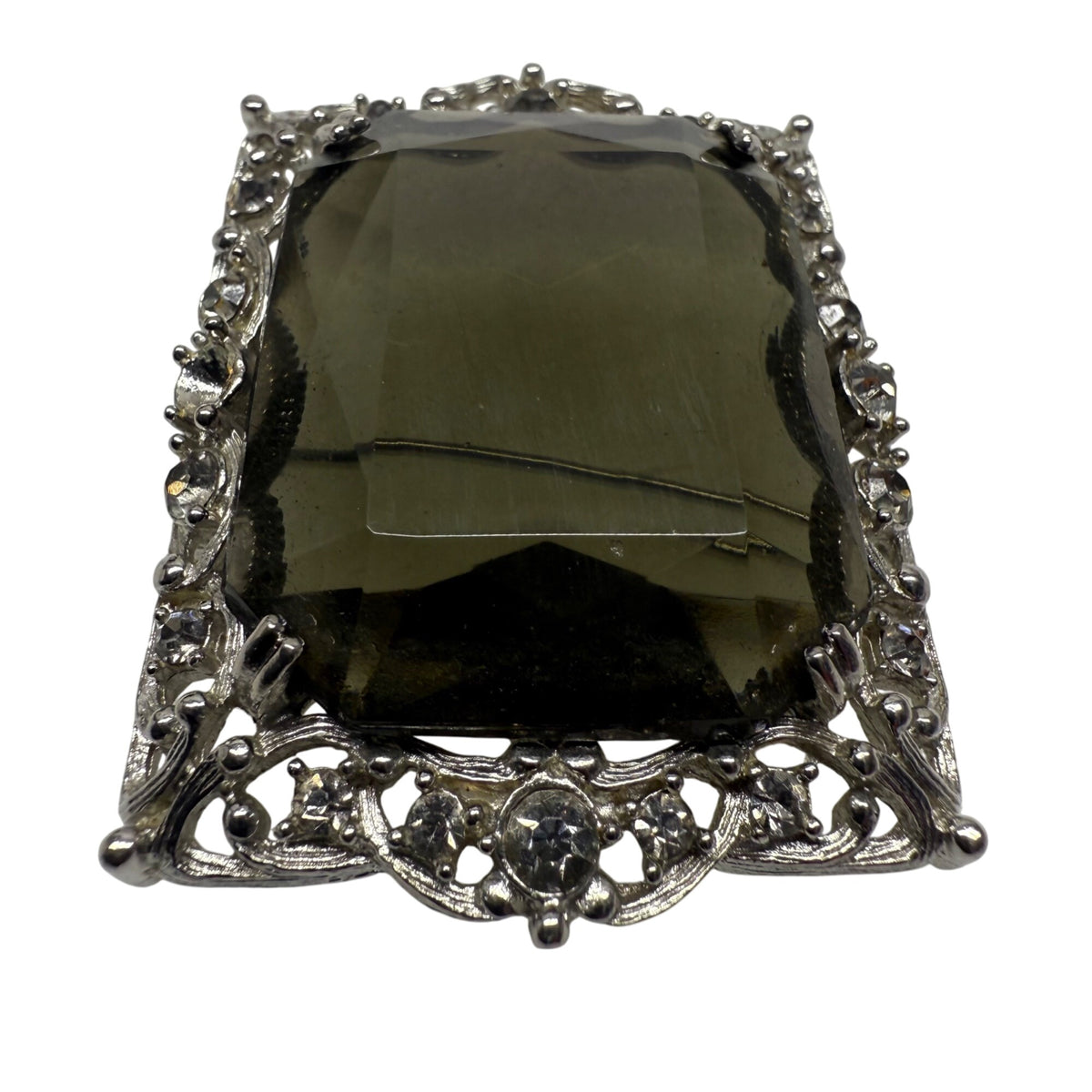 Sarah Coventry Vintage Silver Tone Smoky Rhinestone Accent Filigree Brooch