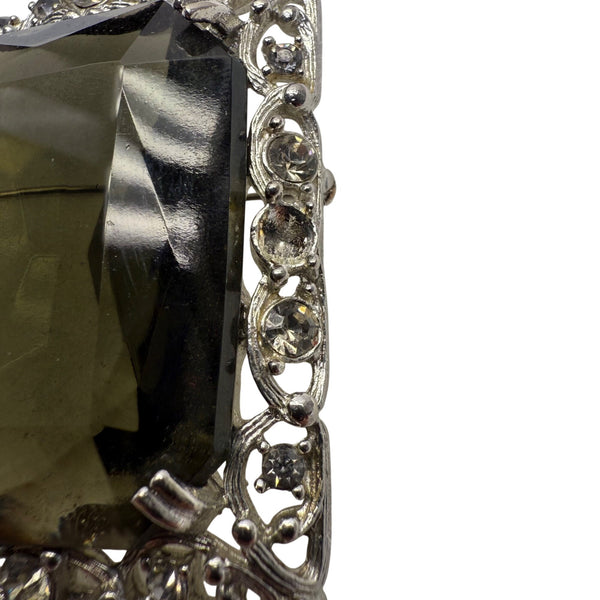 Sarah Coventry Vintage Silver Tone Smoky Rhinestone Accent Filigree Brooch