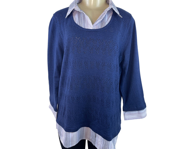 Alfred Dunner Women's Blue Long Sleeve & Layered Collared Sweater Sz L