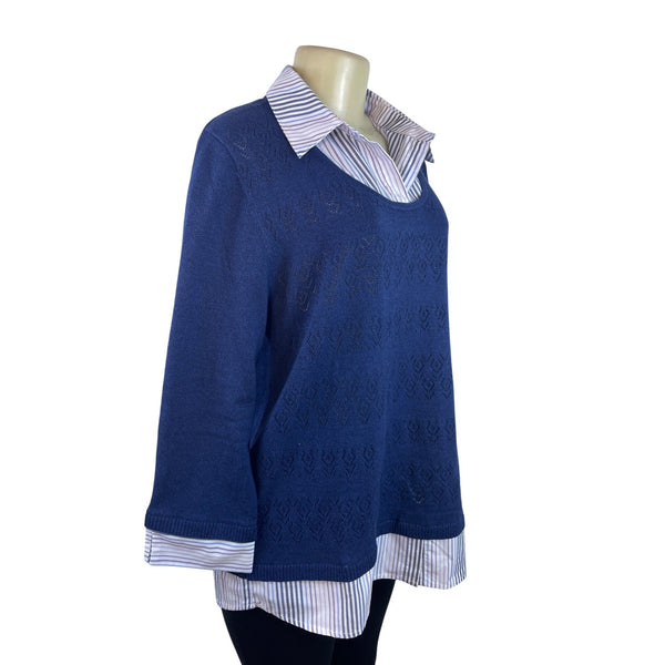 Alfred Dunner Women's Blue Long Sleeve & Layered Collared Sweater Sz L