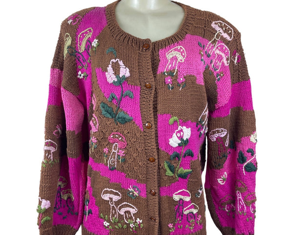 Vintage Hand-Knit Womens Pink & Brown Cardigan With Mushroom Embroidery Size M