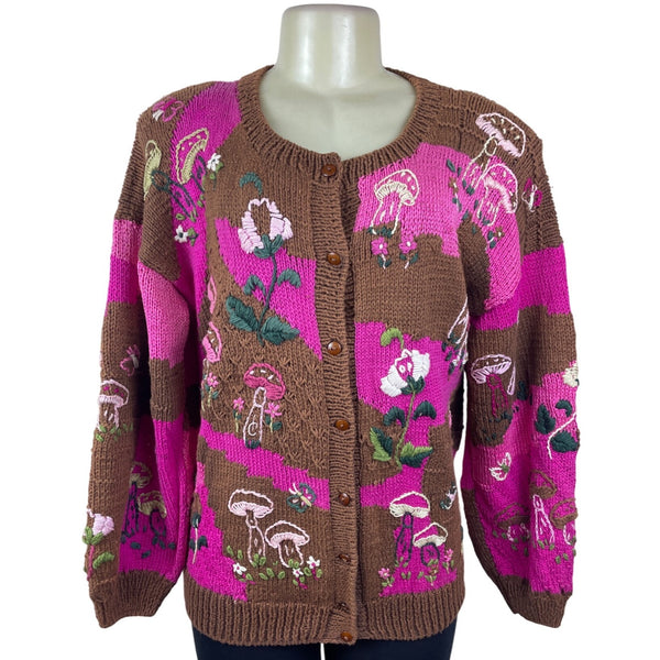 Vintage Hand-Knit Womens Pink & Brown Cardigan With Mushroom Embroidery Size M