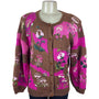 Vintage Hand-Knit Womens Pink & Brown Cardigan With Mushroom Embroidery Size M