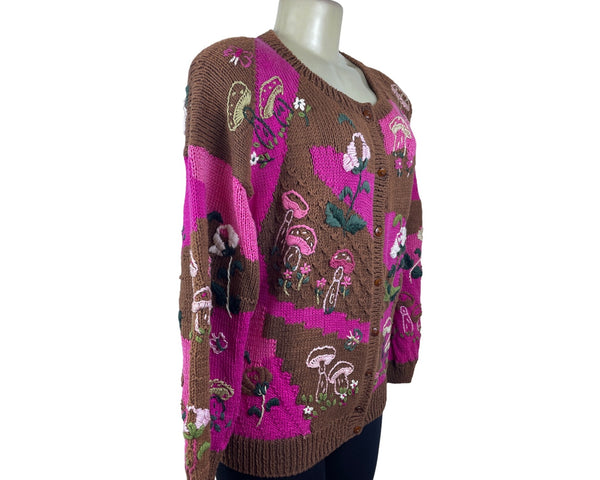 Vintage Hand-Knit Womens Pink & Brown Cardigan With Mushroom Embroidery Size M