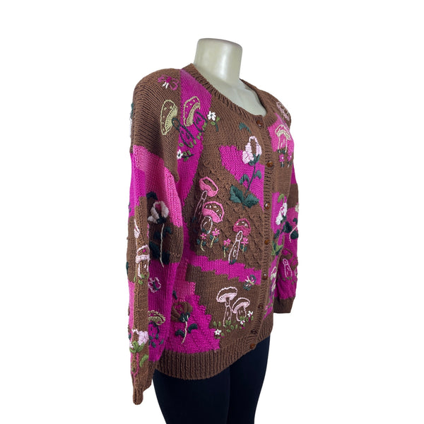 Vintage Hand-Knit Womens Pink & Brown Cardigan With Mushroom Embroidery Size M