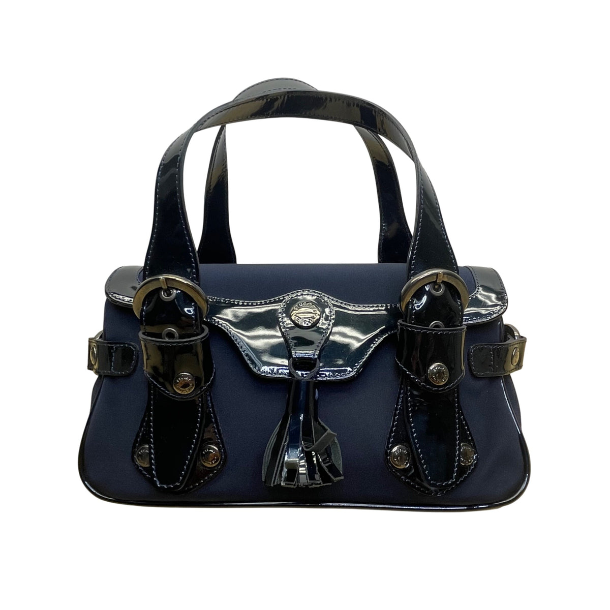 Stuart Weitzman Women’s Blue Patent Leather Accent Tassel Buckle Detail Tote