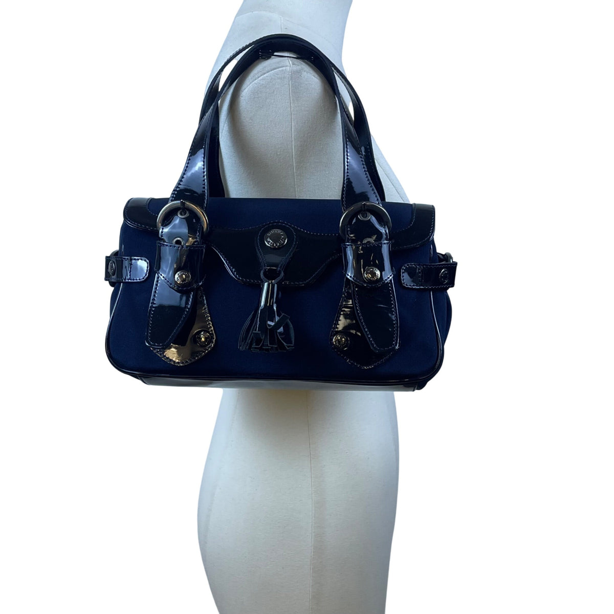 Stuart Weitzman Women’s Blue Patent Leather Accent Tassel Buckle Detail Tote