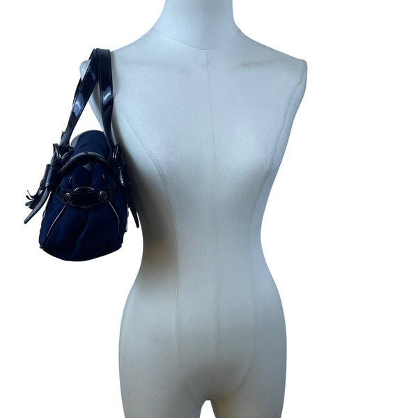 Stuart Weitzman Women’s Blue Patent Leather Accent Tassel Buckle Detail Tote