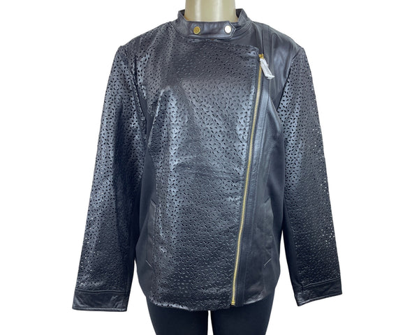 Iman Women's Black Perforated Leather Gold Details Zip Up Jacket Sz XL - New