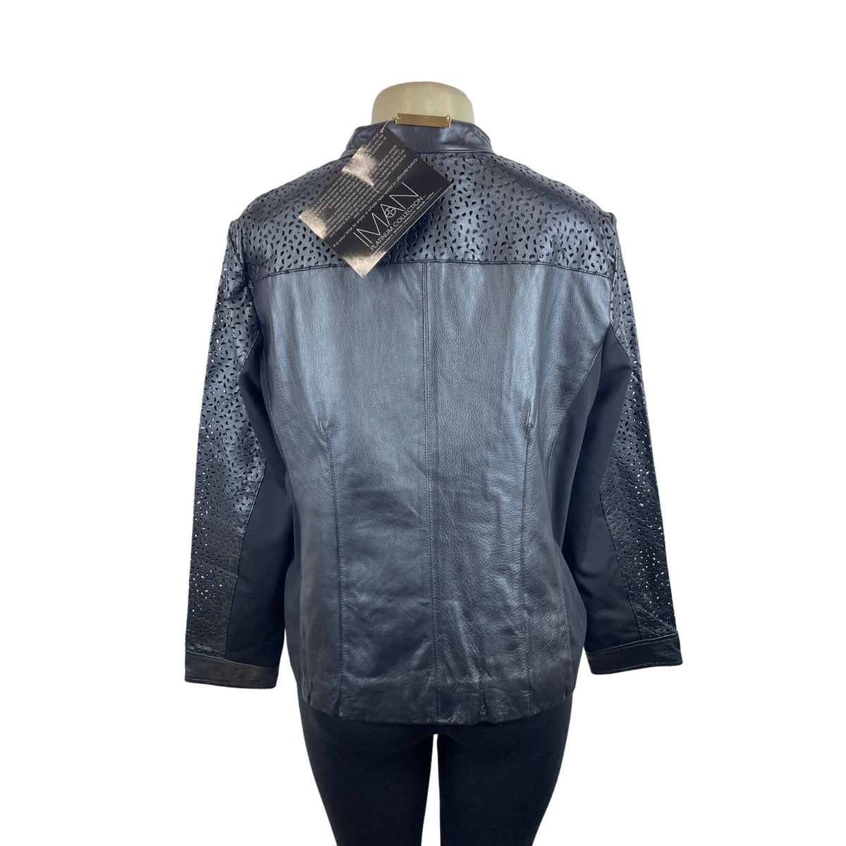 Iman Women's Black Perforated Leather Gold Details Zip Up Jacket Sz XL - New