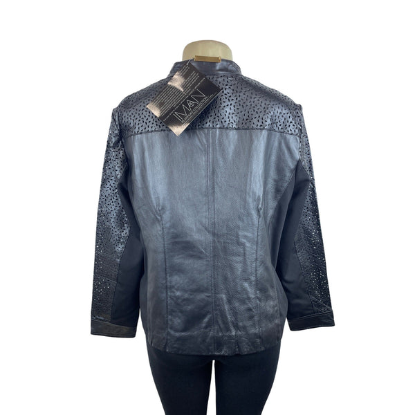 Iman Women's Black Perforated Leather Gold Details Zip Up Jacket Sz XL - New