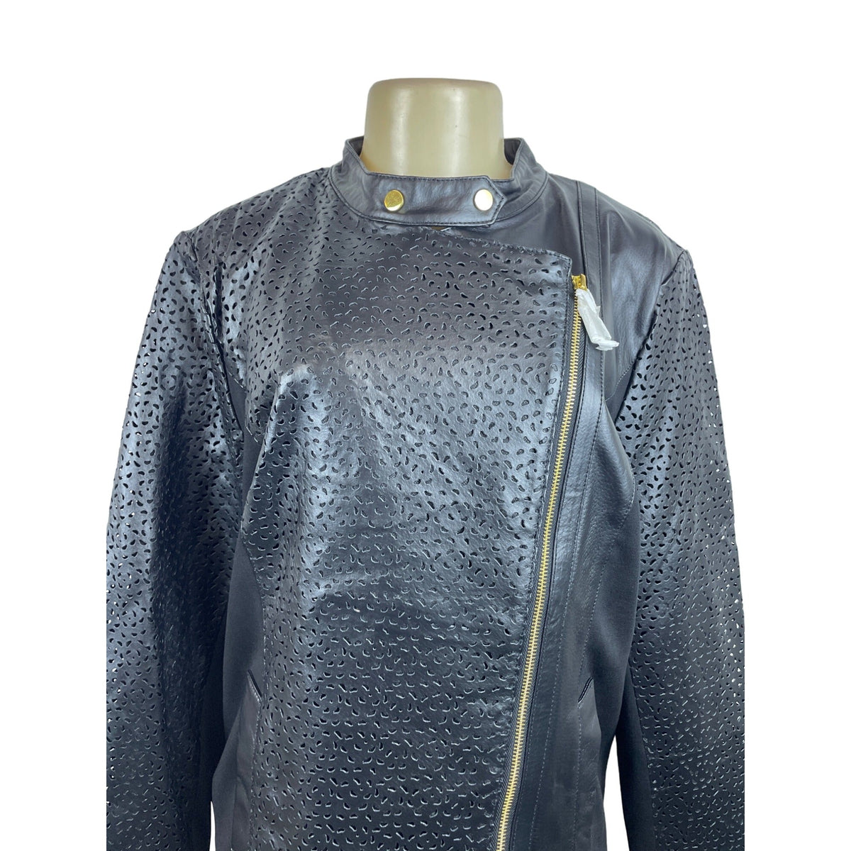 Iman Women's Black Perforated Leather Gold Details Zip Up Jacket Sz XL - New