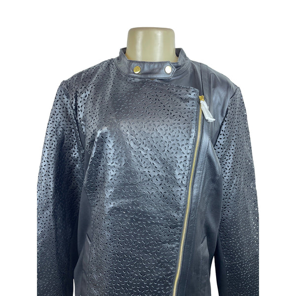 Iman Women's Black Perforated Leather Gold Details Zip Up Jacket Sz XL - New