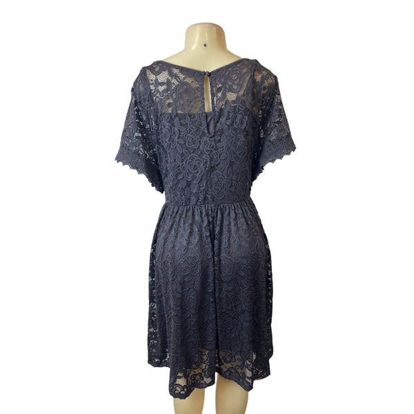 Torrid Gray V-Neck Floral Lace Dress With Short Sleeves & Flare Skirt Sz 3