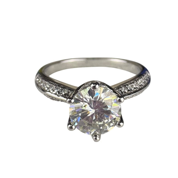 Sterling Silver Womens Moissanite Solitaire Ring With Accents Brilliant Cut Size 6