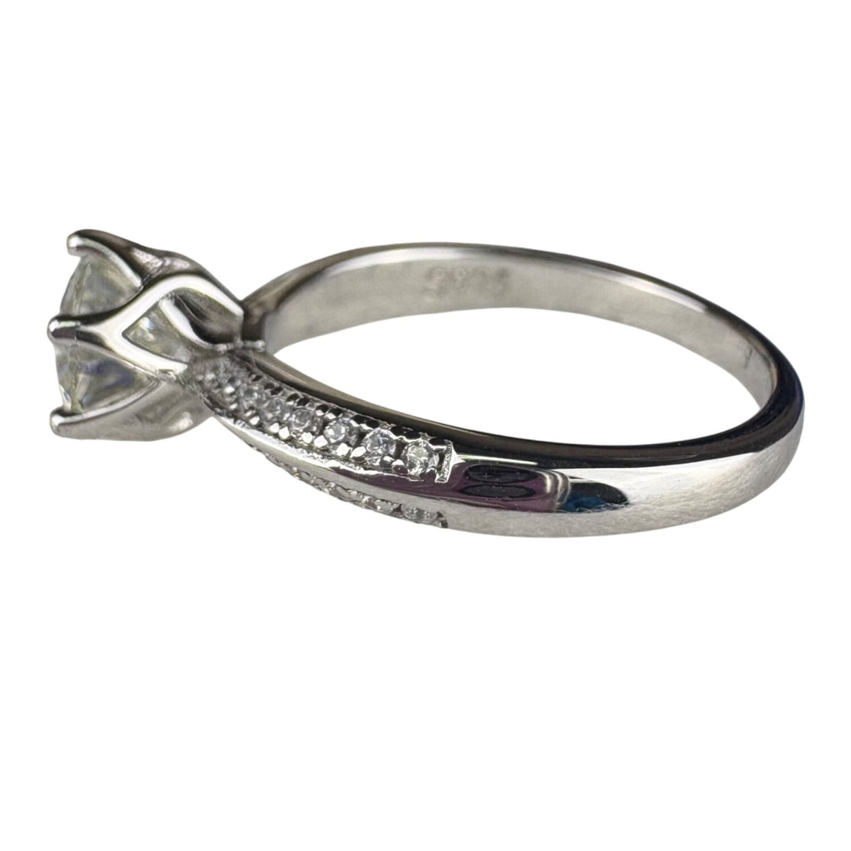 Sterling Silver Womens Moissanite Solitaire Ring With Accents Brilliant Cut Size 6