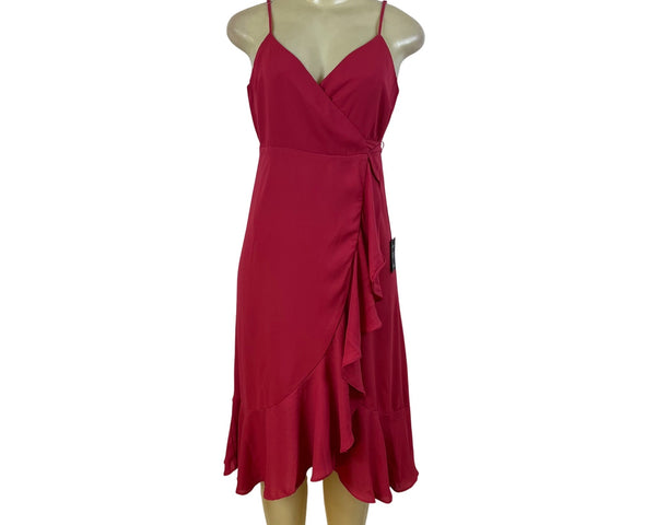 Lulus Womens Red Polyester Wrap Ruffle Midi Dress Spaghetti Straps Size S