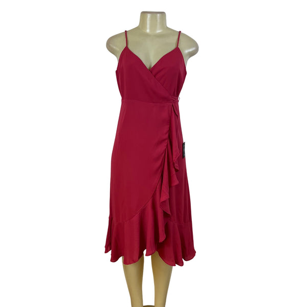 Lulus Womens Red Polyester Wrap Ruffle Midi Dress Spaghetti Straps Size S