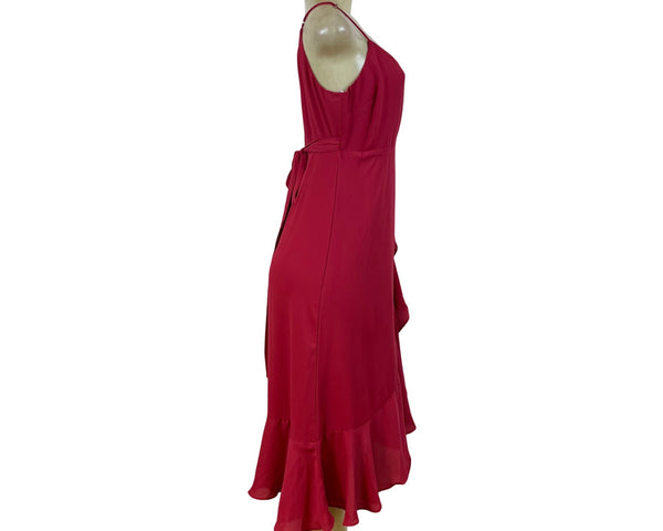 Lulus Womens Red Polyester Wrap Ruffle Midi Dress Spaghetti Straps Size S